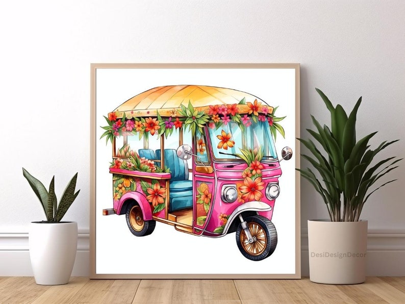 May include: A watercolor illustration of a pink tuk-tuk decorated with orange and red flowers and green leaves. The vehicle has a yellow roof and blue seats. The artwork is framed in a light brown wooden frame.