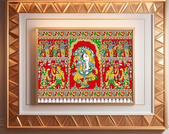 Ganesha ,Indian Kalamkari , Lord Ganesha Vintage Indian Art, Ganesha Painting, Indian Religious Art, Indian God Digital Wall Art, Indian Art