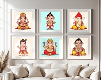 Arte infantil de Ganesh, Ganesh bebé, Ganesha, arte de dioses hindúes, arte mural de dioses indios, arte del sur de Asia, arte indio, arte mural de Ganesh, arte mural hindú