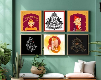Ganesha-Kunstdruck, 6er-Set, Ganpati-Kunst, Ganesha-Gemälde, Ganesha-Dekoration für den Eingangsbereich, Ganapati-Gemälde, indisches Einzugsgeschenk