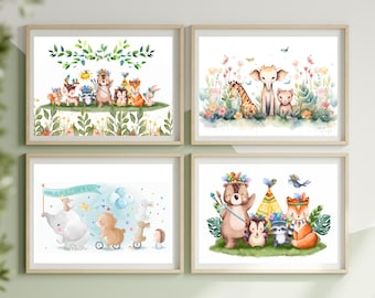 Set of 4 Safari Animal Nursery Prints, Boho Jungle Wall Art (Digital Download)