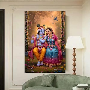 May include: A colourful painting shows a man and a woman in traditional dress. The man plays a flute, and the woman looks at him. They sit on a swing against a floral and natural background, with birds flying above them.