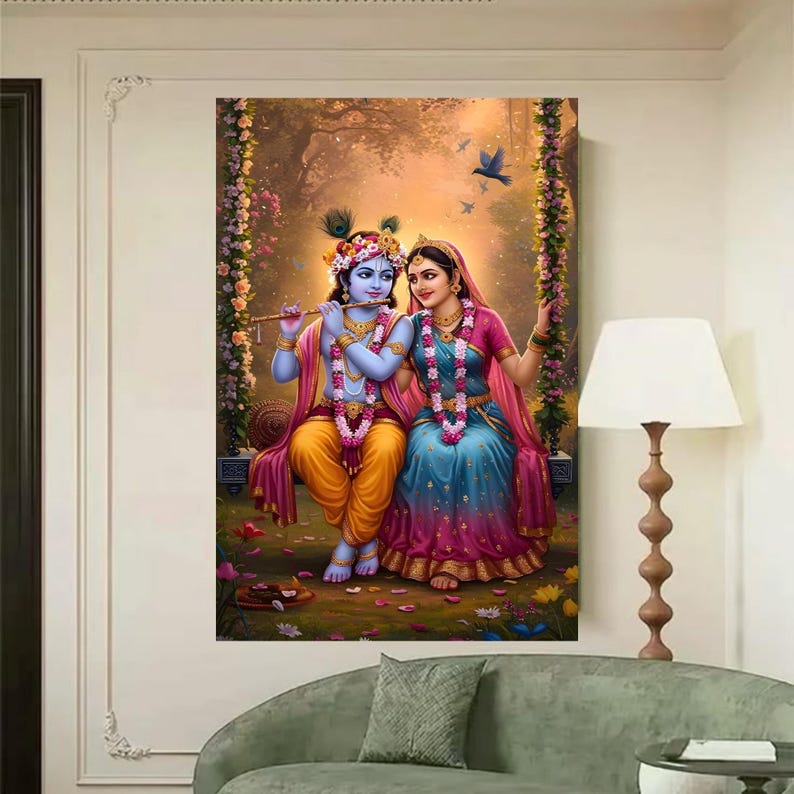 May include: A colourful painting shows a man and a woman in traditional dress. The man plays a flute, and the woman looks at him. They sit on a swing against a floral and natural background, with birds flying above them.