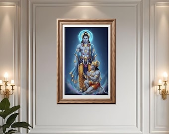 May include: Framed artwork featuring two figures in traditional attire against a blue backdrop. One figure stands tall, adorned in blue and gold, while the other kneels in prayer. The artwork is encased in a wooden frame.