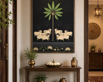 Arte mural de vaca Pichwai, pintura de vaca Kamdhenu, decoración mural Vastu india, arte de vaca loto, decoración tradicional india para el hogar, regalo de inauguración de casa