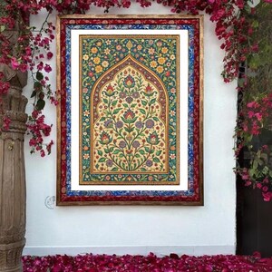 May include: A framed artwork with a colorful floral design in a traditional style. The artwork is surrounded by a multi-colored frame with a gold border.