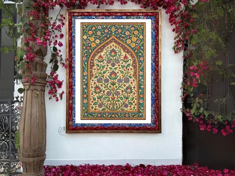 May include: A framed artwork with a colorful floral design in a traditional style. The artwork is surrounded by a multi-colored frame with a gold border.