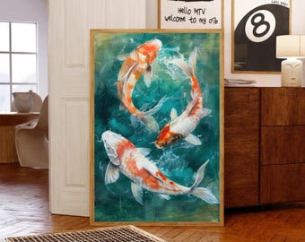 赤い鯉のプリント、日本のプリント、ヴィンテージプリント、印刷可能なウォールアート、トレンディなウォールアート、美的ウォールアート、日本のアートプリント、鯉のプリント