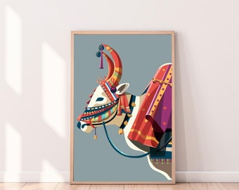 Impressão de vaca em estilo tradicional indiano de arte folclórica, decoração de parede em Pichwai (download digital)