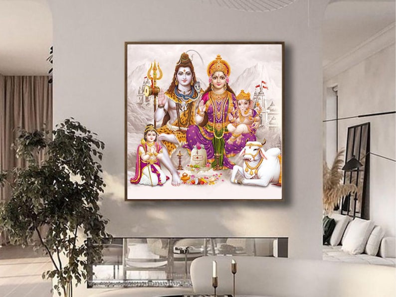 May include: A colorful painting depicting Hindu deities Shiva and Parvati with their son Ganesha. Shiva is holding a trident and Parvati is wearing a purple sari. A white cow is in the foreground.