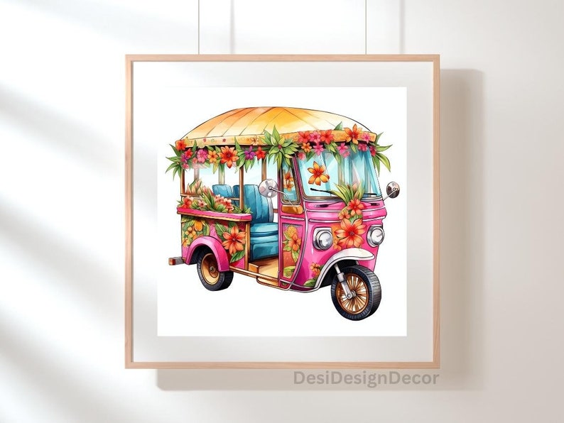 May include: A framed watercolor print of a pink tuk-tuk adorned with vibrant orange and pink flowers. The vehicle has a yellow roof and blue seats. The artwork is set against a white background and framed in a light wood frame.