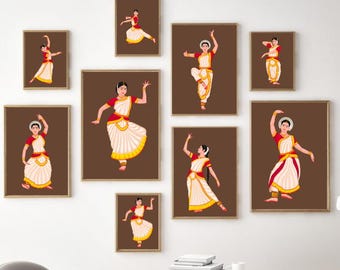 8er-Set, Indischer Tanz, Kathak-Tänzerin-Kunstdruck, Kathak-Kunst, Klassischer Tanz, Desi-Girl-Kunst, Ethnische Wohndekoration, Wandkunst, Kunstdruck