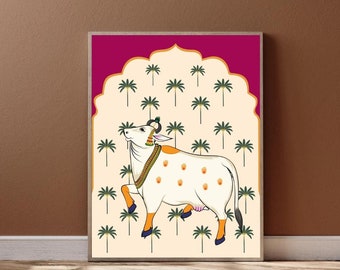 Indian Folk Art, Cow Prints, Living Room decor, Printable, Indian Vintage, Printables, Pichwai Painting, Poster, Wall Art