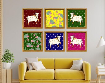 Indian art ,Set of 6, pichwai cow Art Print, Minimal Art, Puja Pooja Decoration, South Indian Art, Indian Wall art , Indian Art Print