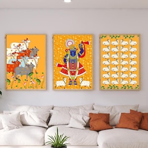 Indian Pichwai ,set of 3 , Shreenathji Pichwai, Modern Pichwai, Home Decor, Traditional Paintings, Indian Folk Art, Poster, Wall Art,