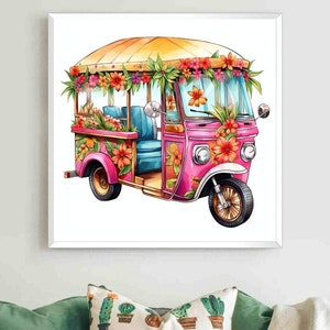 May include: A vibrant watercolor illustration of a pink tuk-tuk adorned with colorful flowers and greenery. The vehicle has a yellow canopy and blue seats, creating a tropical and cheerful vibe. The artwork is framed in a white border.