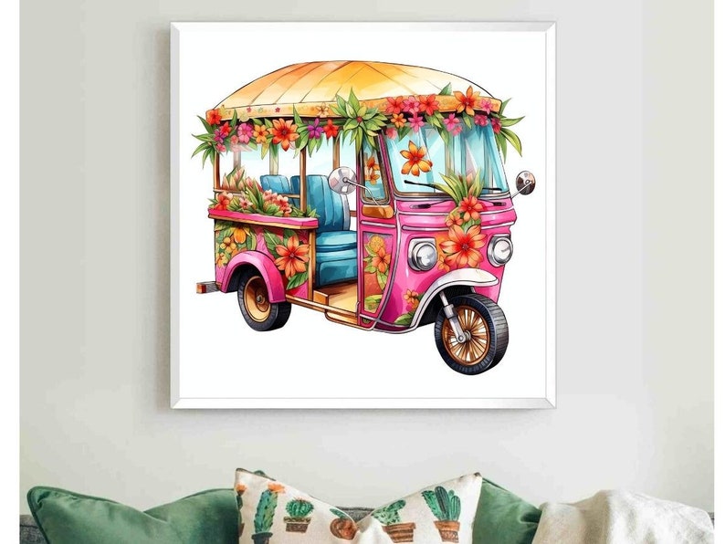 May include: A vibrant watercolor illustration of a pink tuk-tuk adorned with colorful flowers and greenery. The vehicle has a yellow canopy and blue seats, creating a tropical and cheerful vibe. The artwork is framed in a white border.