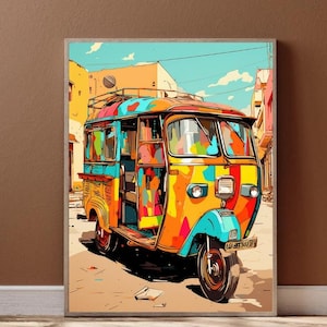 Desi Wall Art Indian Print Poster Bollywood, Mumbai Auto Rickshaw, India Pop Art, Desi Art, City Art, Digital Download, Bollywood Wall Decor