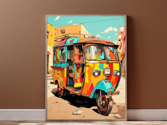 Desi Wall Art Indian Print Poster Bollywood, Mumbai Auto Rickshaw, India Pop Art, Desi Art, City Art, Digital Download, Bollywood Wall Decor