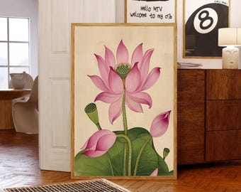 Pink Lotus Art Print, lotus pink, pink lotus ,Indian Wall Art, Vintage Botanical Prints, Pink Lotus Flower,  Gallery Wall Art