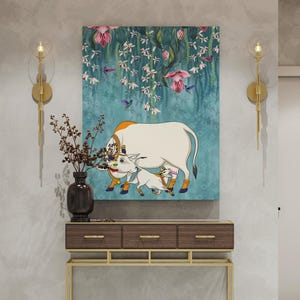 Arte popular indio, pintura de Pichwai de la India, cartel de decoración del hogar, arte de la pared, pintura de vaca Pichwai Descarga digital instantánea, pooja casera