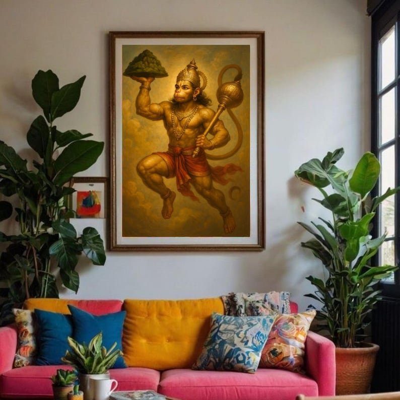 Hanuman-målning, Lord Hanuman-affisch, Pooja-rumsdekor, indisk väggkonst, hinduisk konst, meditationsaffisch, yogagåva, andlig konst, bild 5