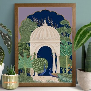May include: A digital illustration of a white, ornate building with a domed roof, surrounded by lush green foliage and two peacocks. The building has a blue archway and is set against a purple and blue background.