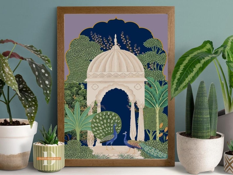 May include: A digital illustration of a white, ornate building with a domed roof, surrounded by lush green foliage and two peacocks. The building has a blue archway and is set against a purple and blue background.