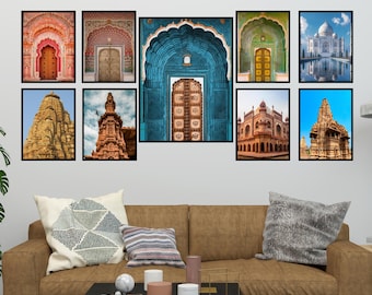 May include: A collage of nine framed photographs showcasing various architectural landmarks in India. The images feature intricate details of arches, doorways, and ornate structures, including the Taj Mahal, a blue-coloured archway, and several temples.