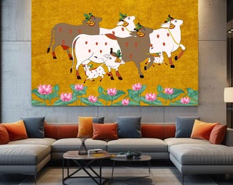 Pichwai indio, arte indio Pichhwai, estampado de vaca con loto, arte étnico, decoración india para el hogar, póster de loto indio, estampado desi, estampado indio