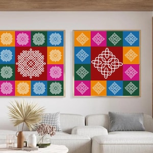 Indian art ,Set of 2, Kolam Art Print, Minimal Art, Puja Pooja Decoration, South Indian Art, Outdoor Wall  Decor , Indian Art Print