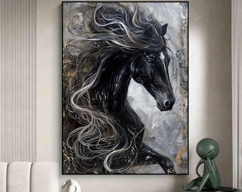 Black Horse , Black Stallion Running Art Print  - Equestrian Decor - Printable Wall Art - Digital Art Downloads - Instant Download Prints
