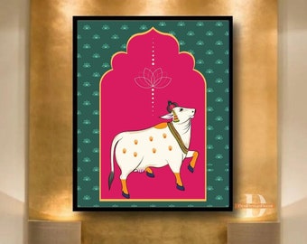 Indian Pichwai , Pichhwai cow print with lotus, Indian Vintage Painting, Indian Lotus Poster,desi print