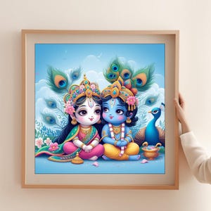 Radha Krishna Art , Radha Krishna on peacock feather Art Hindu home decor art print.