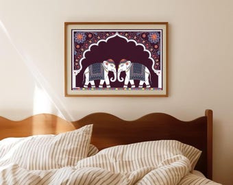 インドの壁画、インドのムガル絵画、インドの壁ポスター、ロイヤルエレファントアート、インドの絵画、インドの民俗芸術、インドの象のプリント、
