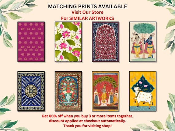 Indian Floral Art ,set of 6, Indian Vintage Art, Indian Vintage
