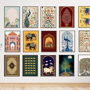Indische Volkskunst Set von 15 digitaler Download, Wohnzimmer Dekor, Galerie Wandset, indische Malerei, Poster Bundle, bedruckbar