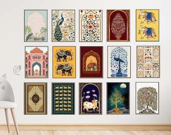 May include: A collection of 15 framed prints featuring various Indian-inspired designs. The prints include peacocks, elephants, floral patterns, and geometric designs. The frames are all white and the prints are all in a vintage style.