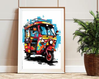 Desi Wall Art Indian Print Poster Bollywood, Mumbai Auto Rickshaw, India Pop Art, Desi Art, City Art, Digital Download, Bollywood Wall Decor