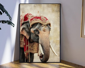 Indian Art, Nature Poster Prints, Living Room Decor, Printable wall art, Indian Vintage Palace Elephant Illustration, Animal Poster