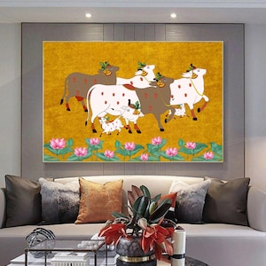 Pichwai indien, impression de vache Pichhwai d&#39;art indien avec lotus, art ethnique, décoration d&#39;intérieur indienne, affiche de lotus indien, impression desi, impression indienne