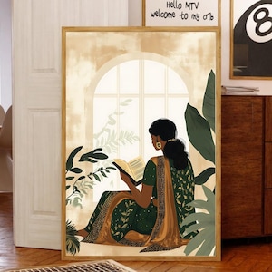 Frau Inder lesen Buch, Desi Art, Boho Kunst, indische Frau Wand Kunst, südasiatische, Tamil Mädchen, indische Buchliebhaber, Instant Download