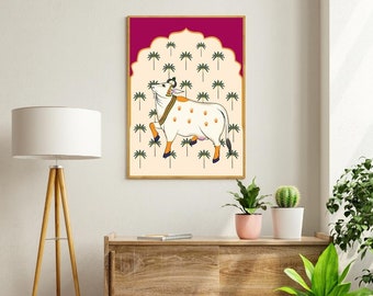 Arte folclórica indiana, estampas de vacas, decoração para sala de estar, imprimível, estilo indiano vintage, pôsteres, pintura Pichwai, arte de parede