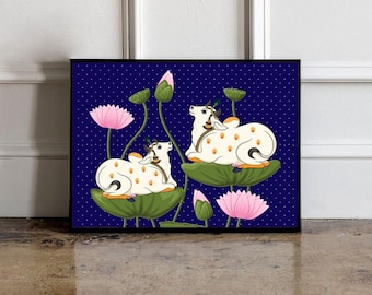 Arte de parede indiana Pichwai com vaca e lótus, impressão folclórica vintage, decoração tradicional indiana, pôster da vaca sagrada, download digital