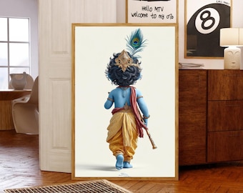 May include: A framed print of a blue-skinned figure, adorned with a gold crown and a peacock feather, walking away. The figure wears gold and red clothing and carries a flute. The artwork is set against a white background.