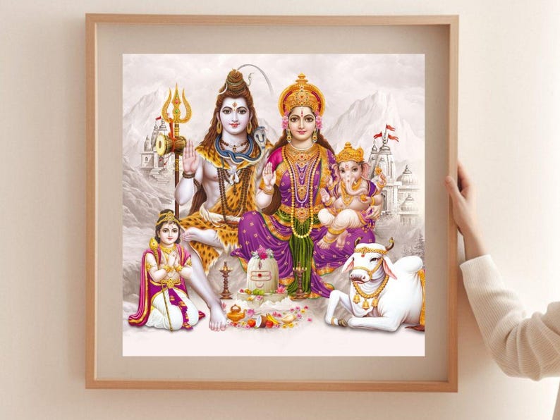 May include: A framed painting depicting a Hindu deity family. The painting features Shiva, Parvati, Ganesha, and a young child. The deities are depicted in colorful clothing and are surrounded by flowers and other decorative elements.
