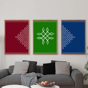 May include: Three framed prints with white geometric designs on a red, green, and blue background. The designs are similar to traditional Indian rangoli patterns.