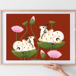 Pichwai indien, impression de vache Pichhwai avec lotus, peinture indienne vintage, affiche de lotus indien, impression desi