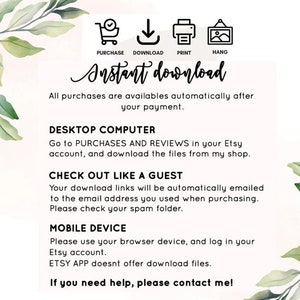 May include: A digital download instruction guide with a watercolor floral background. The text explains how to download digital files purchased on Etsy using a desktop computer, mobile device, or by checking out as a guest.