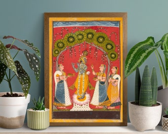 Krishna and Radha Vintage Painting, Indian Folk Art, Pichwai Print (Digital Download)